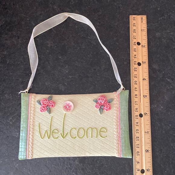 Sage green, cream and rose pink, resin welcome door hanger - Picture 2 of 5